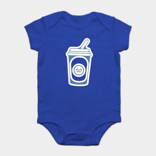 Disposable coffee cup with stick logo vector design. Food and drink object icon design concept. Baby Bodysuit